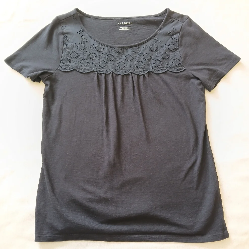 Talbots Size Small Navy Blue Short Sleeve T-shirt Lace Cut Out Shirt - Picture 3 of 9